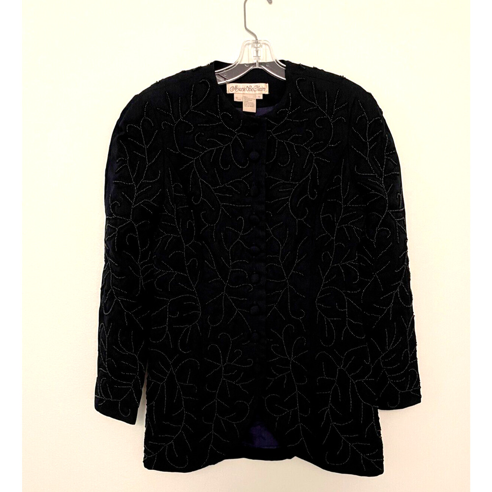 Vintage Marie St. Claire Womens Jacket Size 10 Black Beaded Rayon Whimsigoth 90s